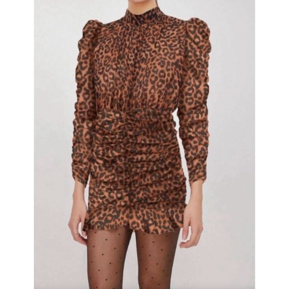 NWT Generation Love Livia Ruffled Mini Dress Speckled Leopard Size S $315 [jb]